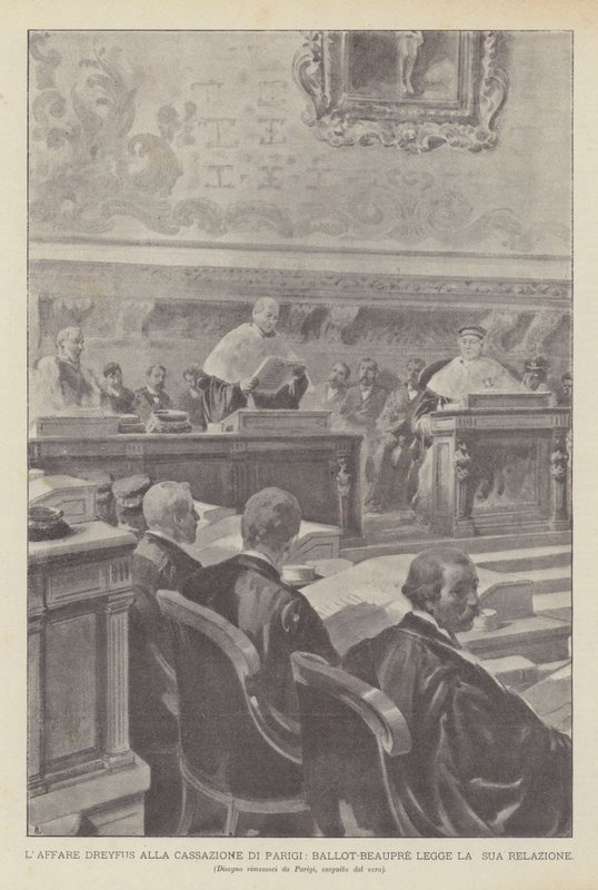 O Caso Dreyfus na Cassação de Paris, Boletim de Beleupre Lê o Seu Relatório (litho) de French School