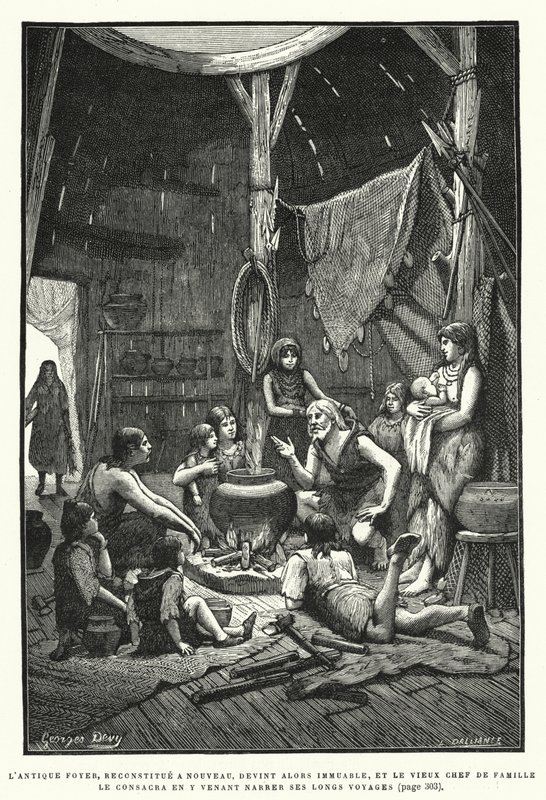 O Lar Antigo, Reconstruído, Tornado Imutável, E O Antigo Chefe de Família Consagrou-o Narrando Suas Longas Viagens (gravura) de French School