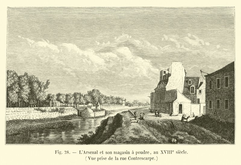 LArsenal e sua loja de pó, do século 18, vista da rua Contrescarpe de French School