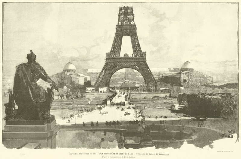 A Exposição Universal de 1889, Estado das Obras no Champ de Mars, Vista tirada do Palais du Trocadero, Da fotografia de M H-C Godefroy (gravura) de French School