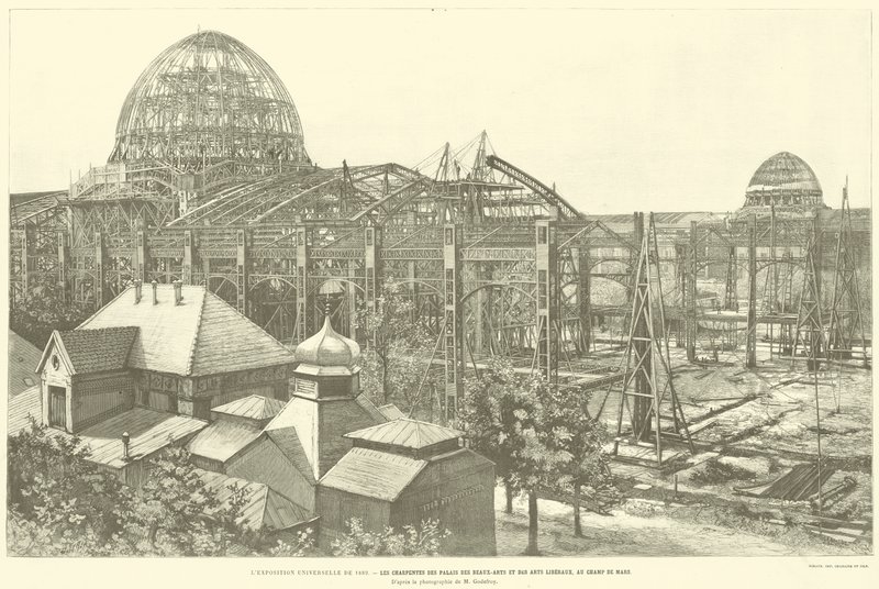 A Exposição Universal de 1889, As Estruturas do Palais des Beaux-Arts e as Artes Liberaux, no Champ de Mars, A partir da fotografia de M Godefredo (gravura) de French School