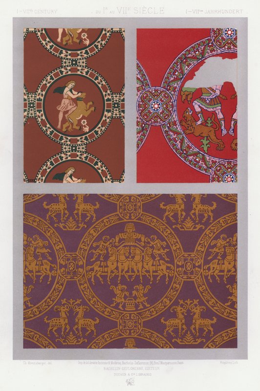 Ornamento dos Tecidos: Século I-VII, do Ir ao VII, I-VIIth Jahrhundert (cor litho) de French School