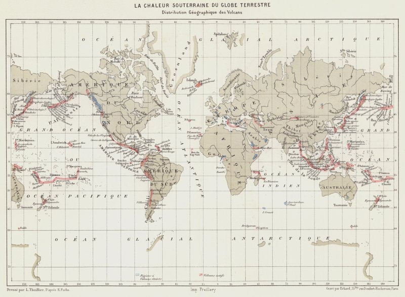 O Calor Subterrâneo da Terra, Distribuição Geográfica dos Vulcões (litografia a cores) de French School