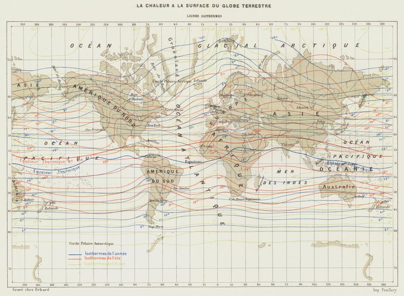 Calor à superfície da Terra, linhas isotérmicas (litografia a cores) de French School