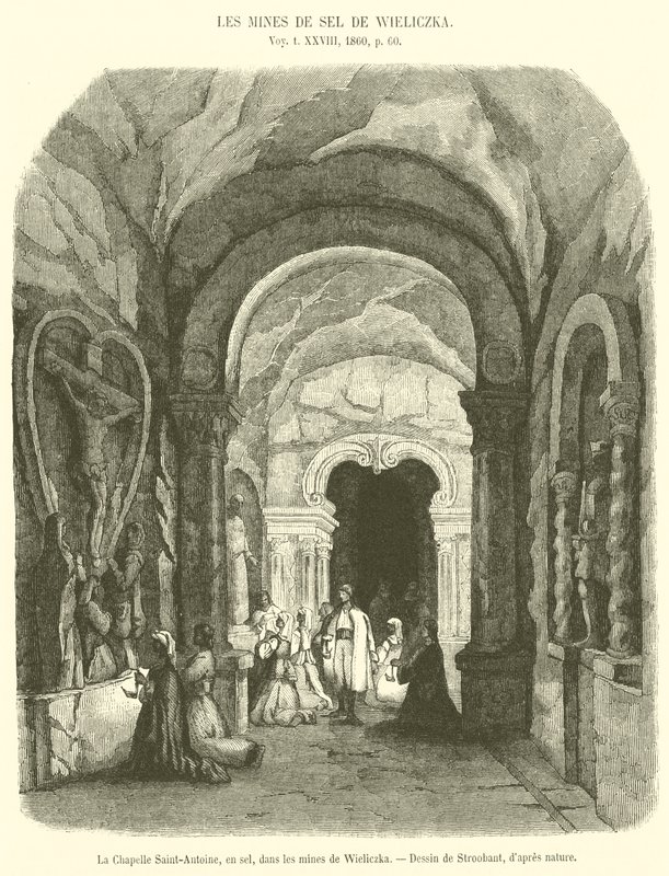 A Capela de Santo António em sal nas minas de Wieliczka (gravura) de French School