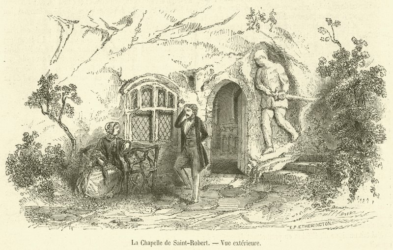 A Capela de Saint-Robert, Vista exterior (gravura) de French School