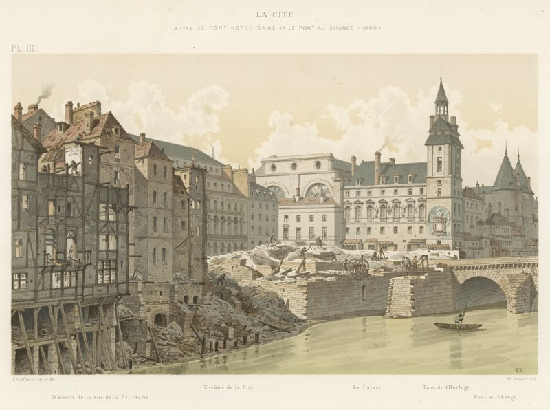 A cidade, entre a ponte de Notre-Dame e Pont au Change, 1800 de French School