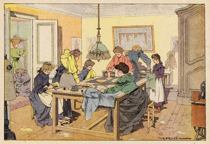 La Couturiere, O Couturier (cor litho) de French School