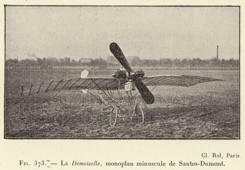 La Demoiselle, pequeno monoplano de Santos-Dumont (gravura) de French School