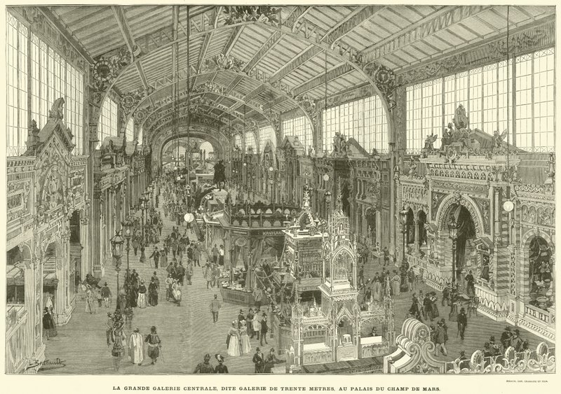 A Grande Galeria Central, conhecida como Galeria dos Trinta Metros, no Palais du Champ de Mars (gravura) de French School