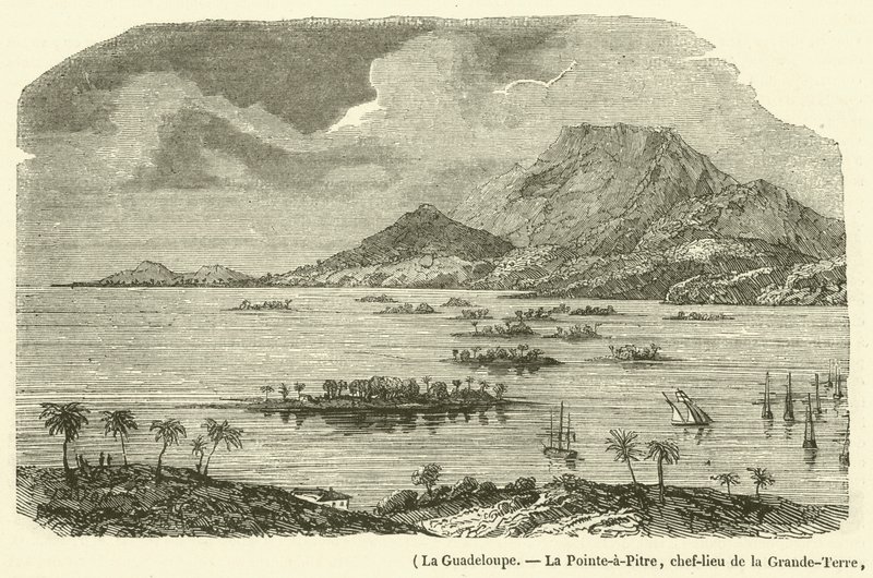 Guadalupe, La Pointe-a-Pitre, principal cidade de Grande-Terre, parcialmente destruída pelo terramoto de 8 de Fevereiro de 1843 (gravura) de French School