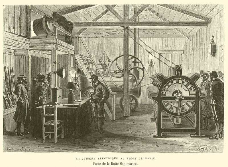 A Luz Eléctrica no Cerco de Paris, Posto do Butte Montmartre (gravura) de French School