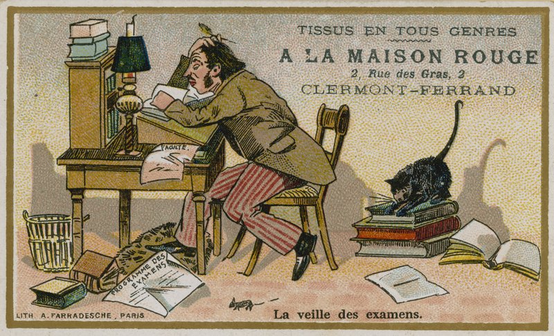 La Maison Rouge trade card, a véspera dos exames de French School