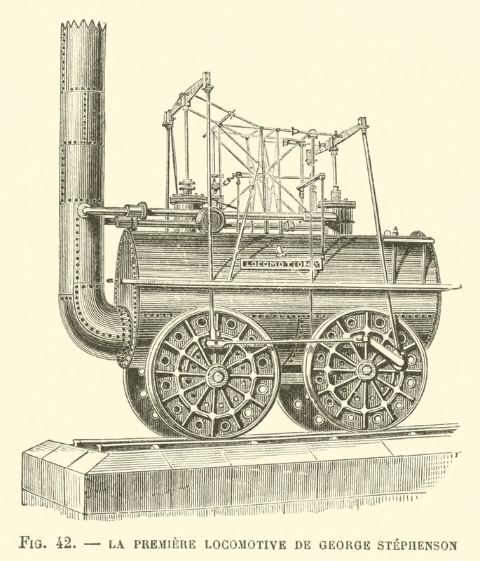A Primeira Locomotiva de George Stephenson (gravura) de French School