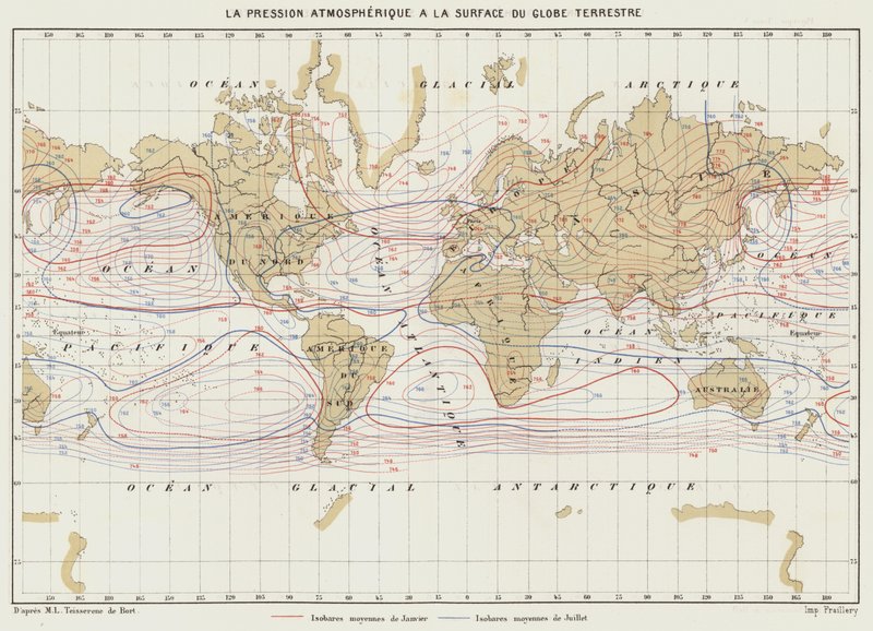 Pressão atmosférica na superfície da Terra (cor litho) de French School