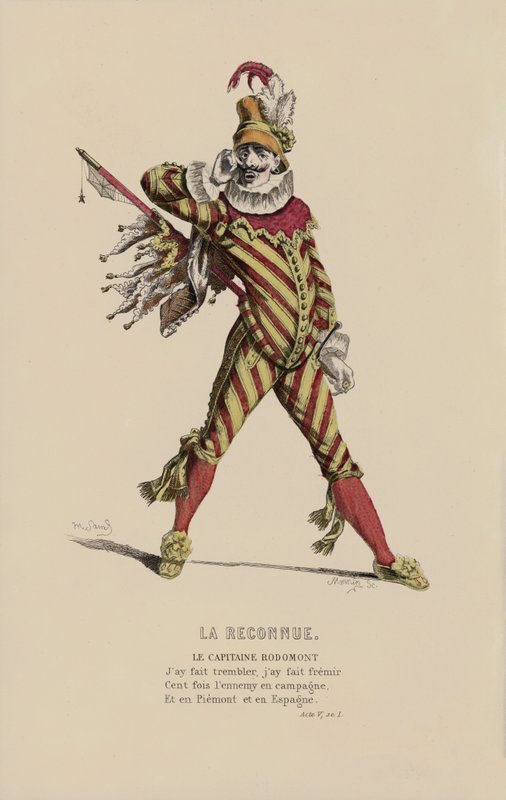 La Reconnue, Le Capitaine Rodomont (gravura colorida) de French School