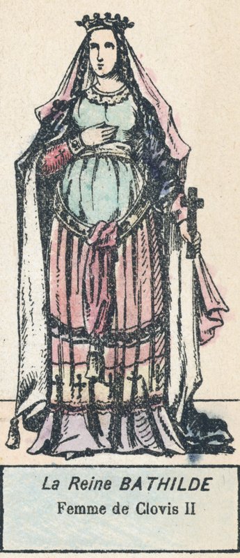 Rainha Bathilde, Esposa de Clovis II (gravura a cores) de French School