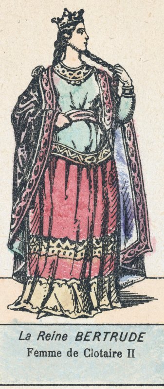 Rainha Bertrude, esposa de Clotaire II (gravura a cores) de French School