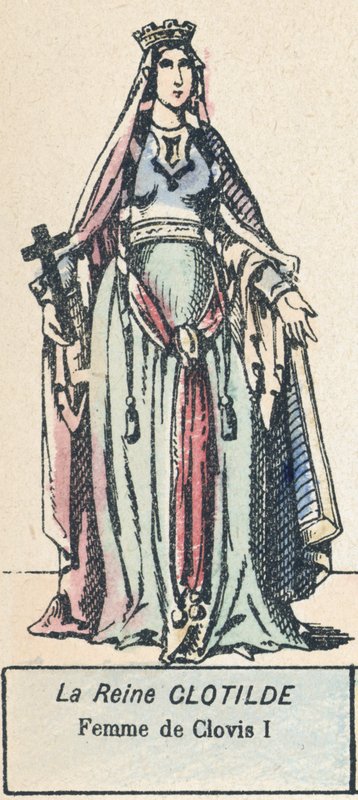 Rainha Clotilde, Esposa de Clovis I (gravura a cores) de French School