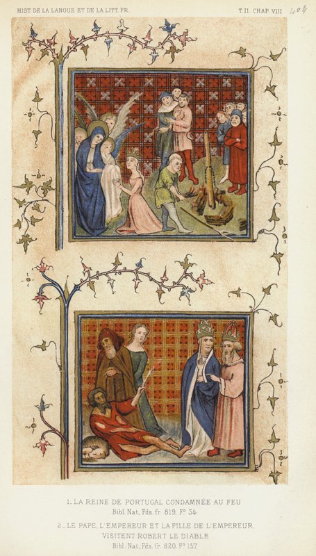 A Rainha de Portugal condenada à fogueira, o Papa, o Imperador e a filha do Imperador (litografia a cores) de French School