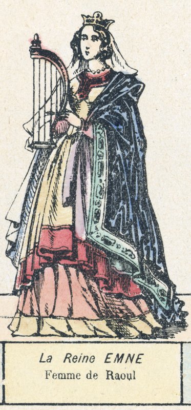 Rainha Emne, esposa de Raoul (gravura colorida) de French School