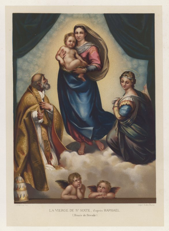 A Virgem de São Sixtus, depois de Rafael, Museu de Dresden (chromolitho) de French School