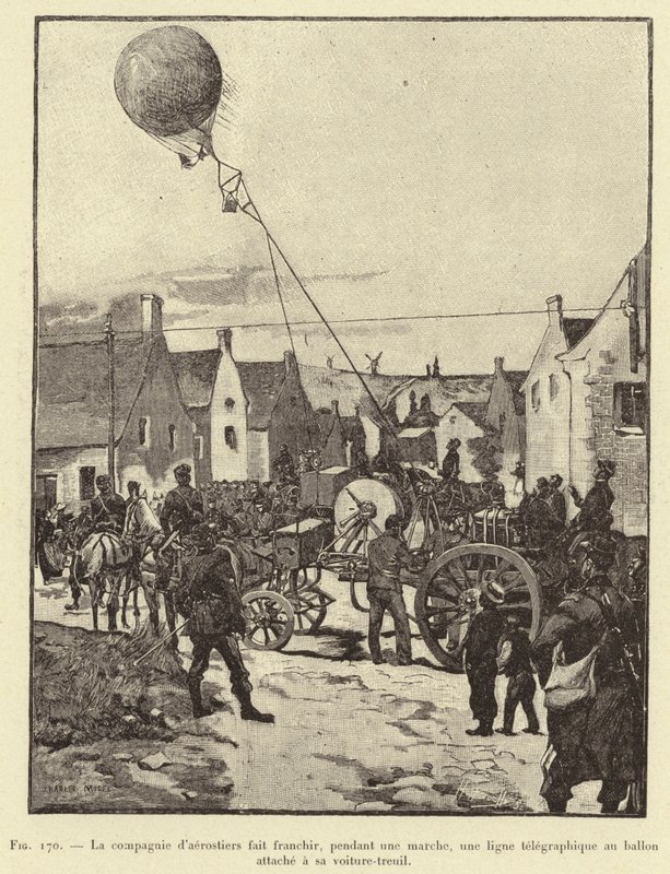 A companhia de aerostiers faz com que o balão preso ao seu carro atravesse uma linha telegráfica durante uma marcha (gravura) de French School