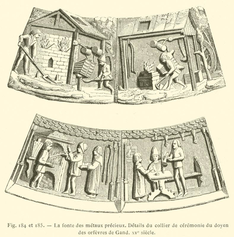 Fundição de metais preciosos (gravura) de French School