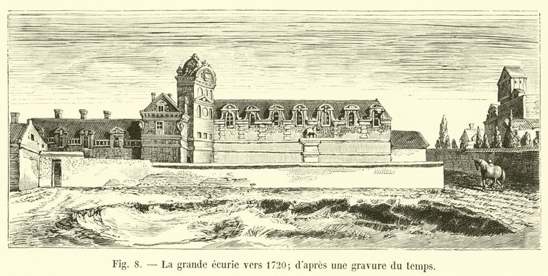 O grande estábulo por volta de 1720; depois de uma gravura de tempo de French School