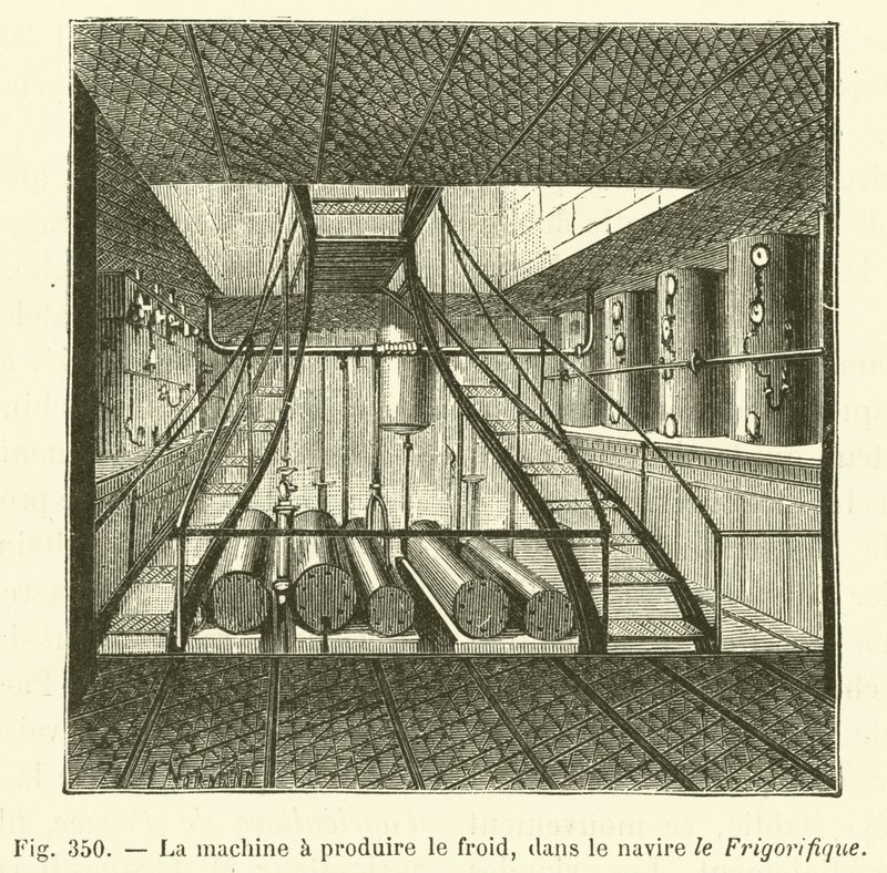 A máquina de produção a frio no navio Frigorifique (gravura) de French School