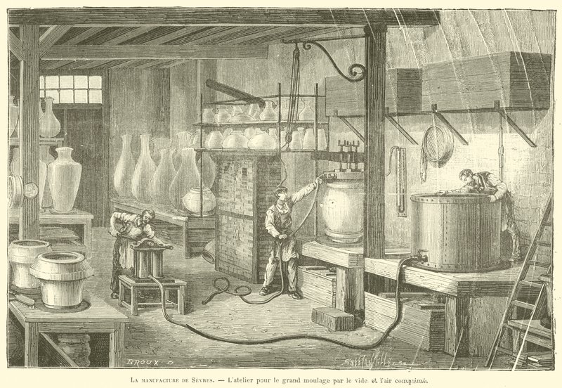 A fabricação de Sevres, a oficina para a grande moldagem pelo vácuo e o ar comprimido (gravura) de French School