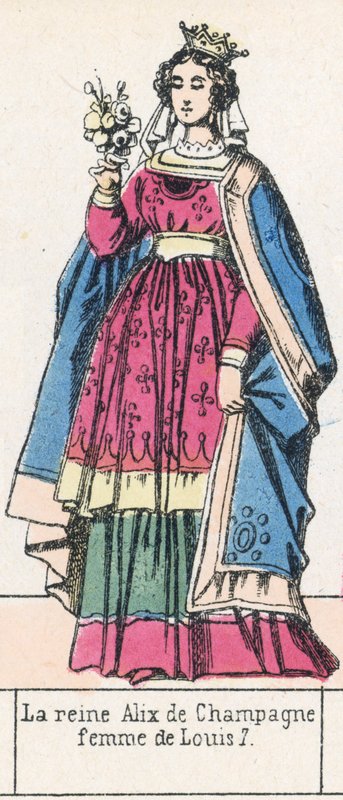 Rainha Alix de Champagne, esposa de Louis 7 (gravura colorida) de French School