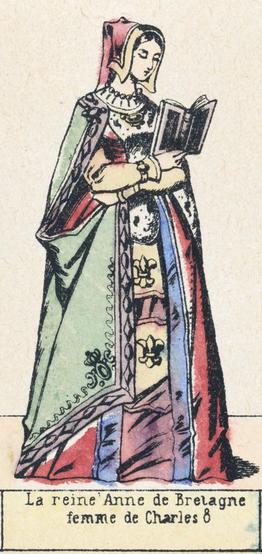 Rainha Ana da Bretanha, esposa de Carlos 8 (gravura colorida) de French School