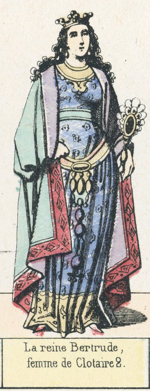 Rainha Bertrude, esposa de Clotaire 2 (gravura colorida) de French School