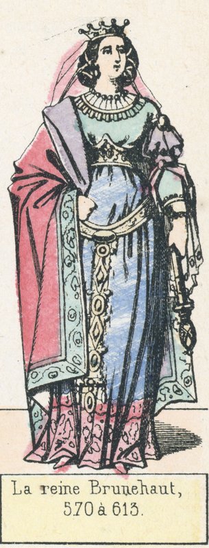 Rainha Brunehaut, 570 a 613 (gravura a cores) de French School