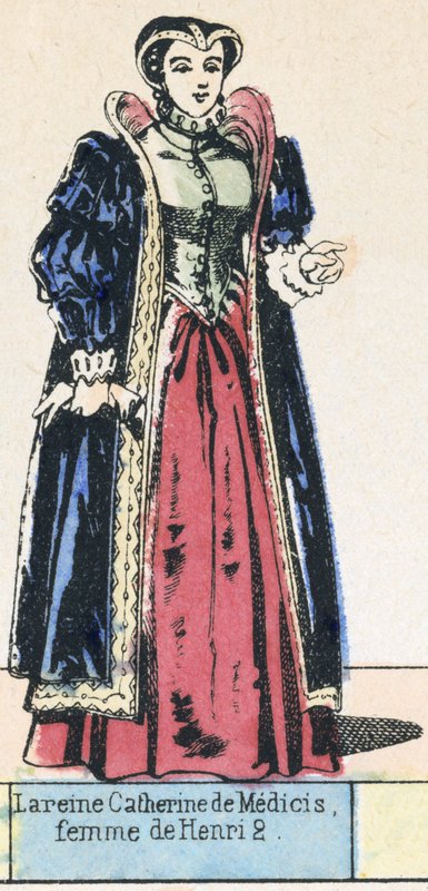 Rainha Catarina de Médicis, esposa de Henrique 2 (gravura colorida) de French School