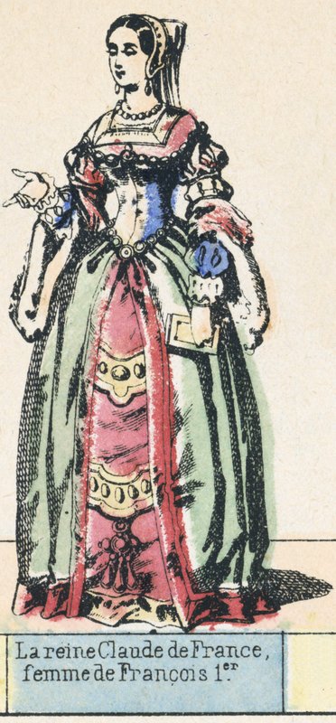 Rainha Claude de França, esposa de François I (gravura a cores) de French School