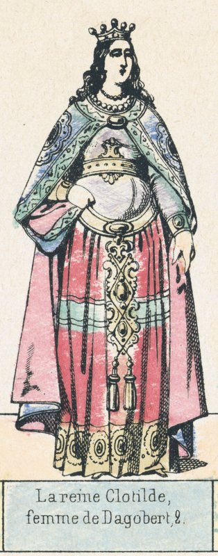 Rainha Clotilde, esposa de Dagobert 2 (gravura colorida) de French School