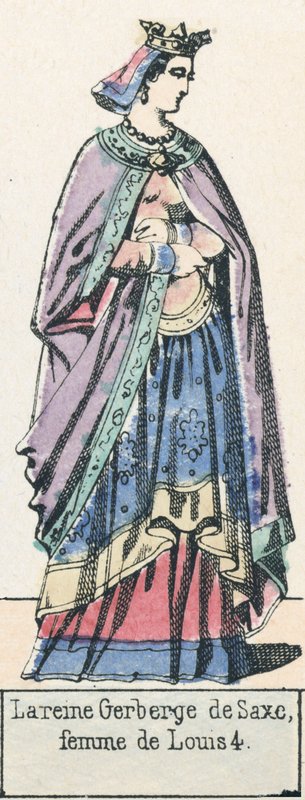 Rainha Gerberge da Saxônia, esposa de Ludwig 4 (gravura colorida) de French School