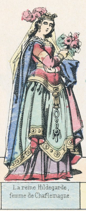 Rainha Hildegard, esposa de Carlos Magno (gravura colorida) de French School