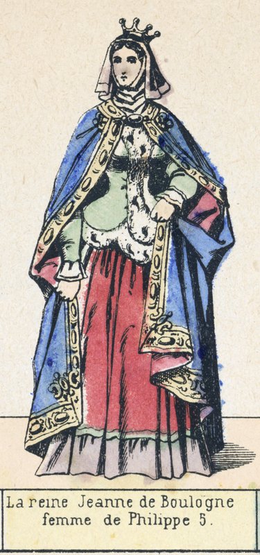 Rainha Jeanne de Boulogne, esposa de Filipe 5 (gravura colorida) de French School