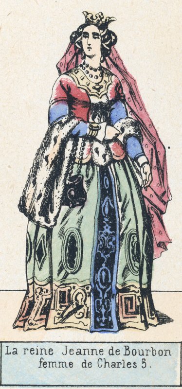 Rainha Jeanne de Bourbon, esposa de Charles 5 (gravura colorida) de French School