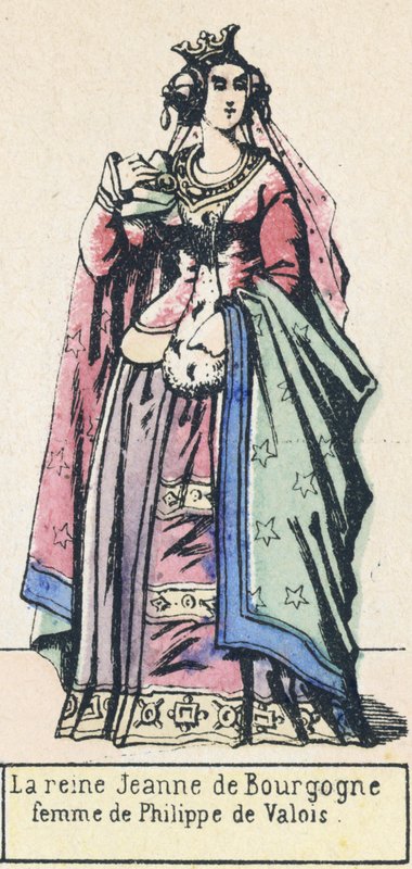 Rainha Joana de Borgonha, esposa de Filipe de Valois (gravura colorida) de French School