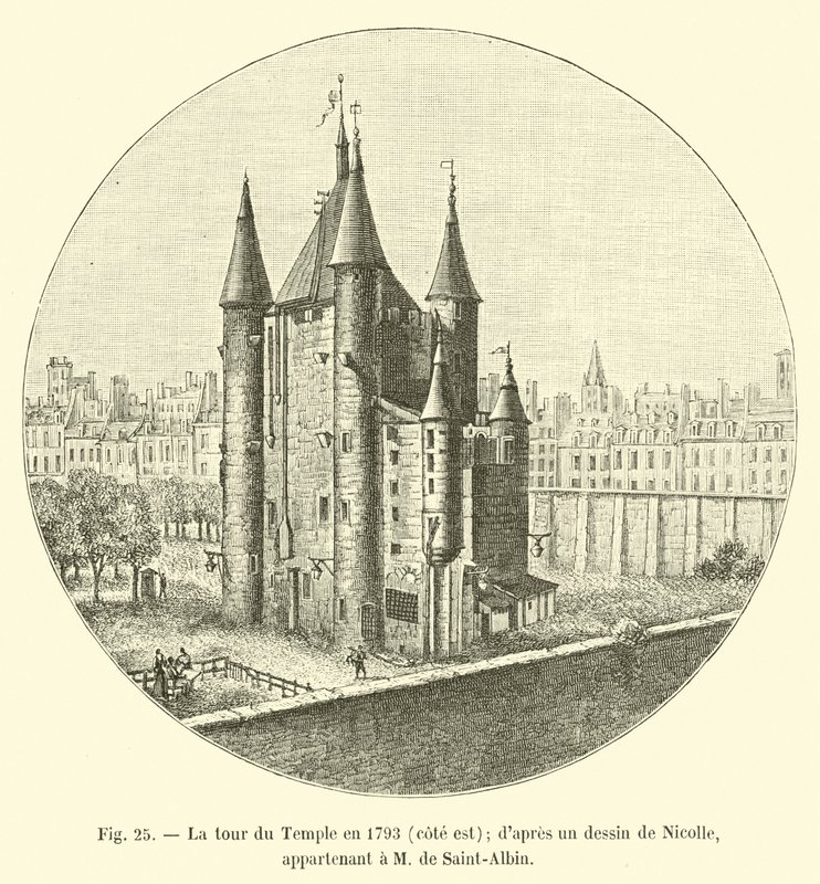 A torre do templo em 1793, costa leste; depois de um desenho de Nicolle; de propriedade do Sr. de Saint-Albin de French School