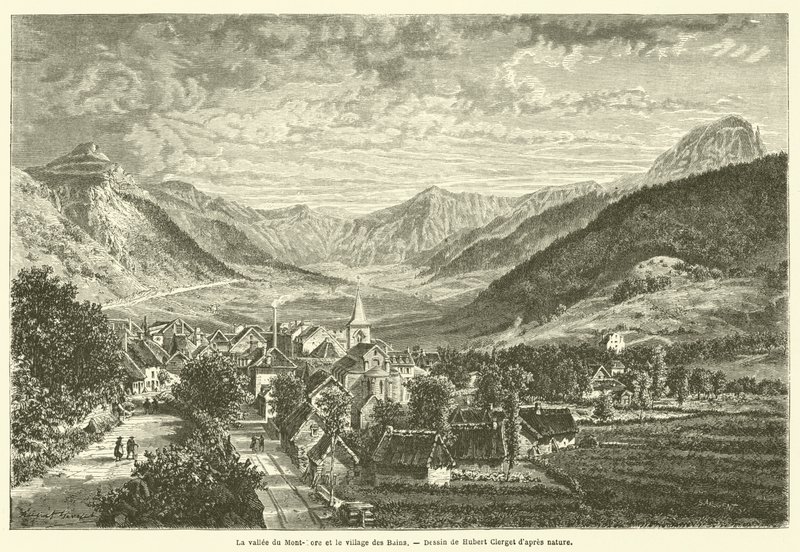 O vale do Mont-Dore e a aldeia de Les Bains (gravura) de French School