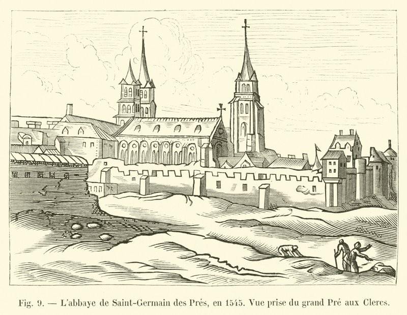 Saint-Germain des Pres Labbaye, em 1545, vista do grande Pre aux Clercs de French School