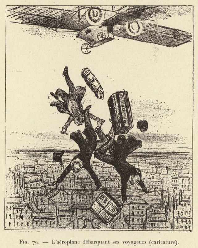 A aeronave descarrega seus passageiros (caricatura) (gravura) de French School