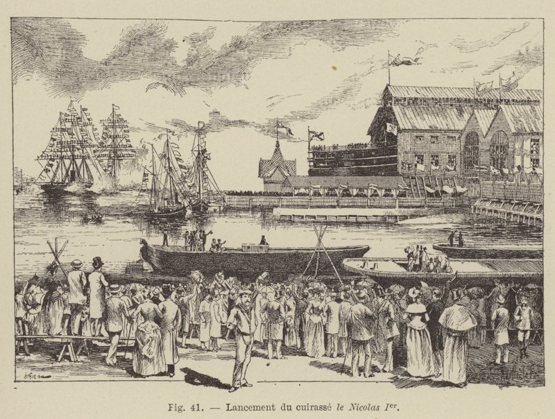 Lançamento do navio de guerra Nicolas I (gravura) de French School