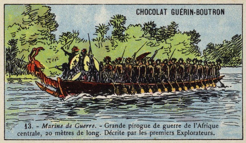 Grande canoa de guerra da África Central (chromolitho) de French School