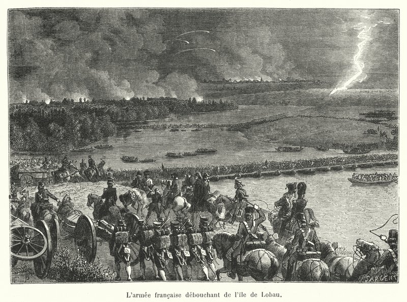 O exército francês debutando da ilha de Lobau de French School